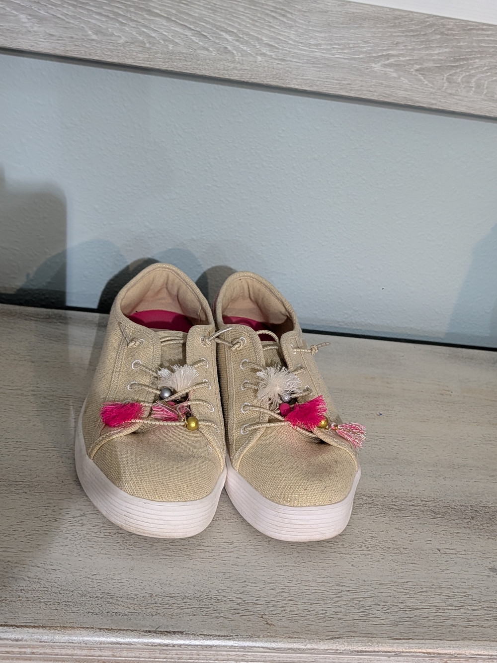 Hey Dude Beige Canvas Slip-On Sneakers with Pink Tassels